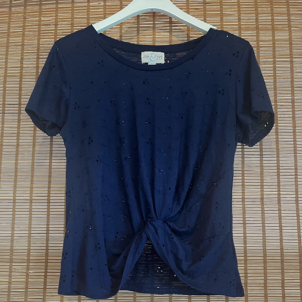 Navy crop eyelet shirt